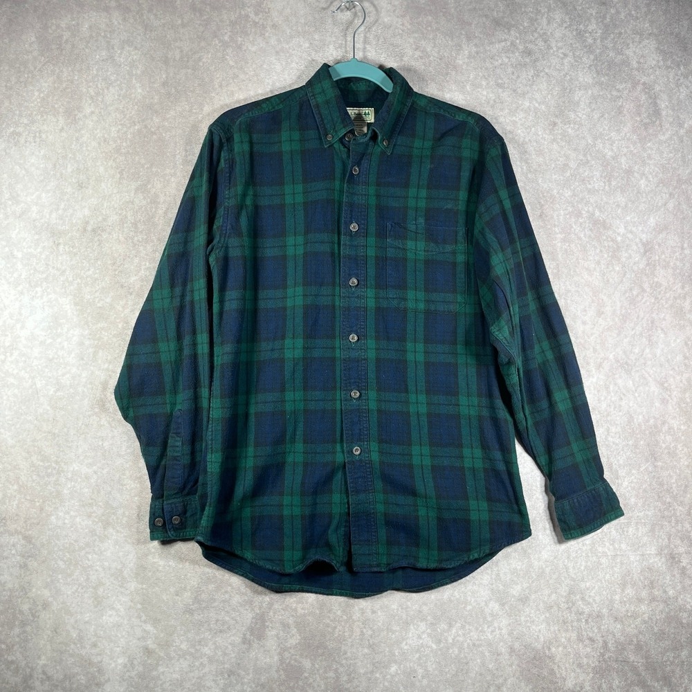 L.L. Bean Shirt Mens Small Blue Green Scotch Plaid Flannel Button Long‎ Sleeves